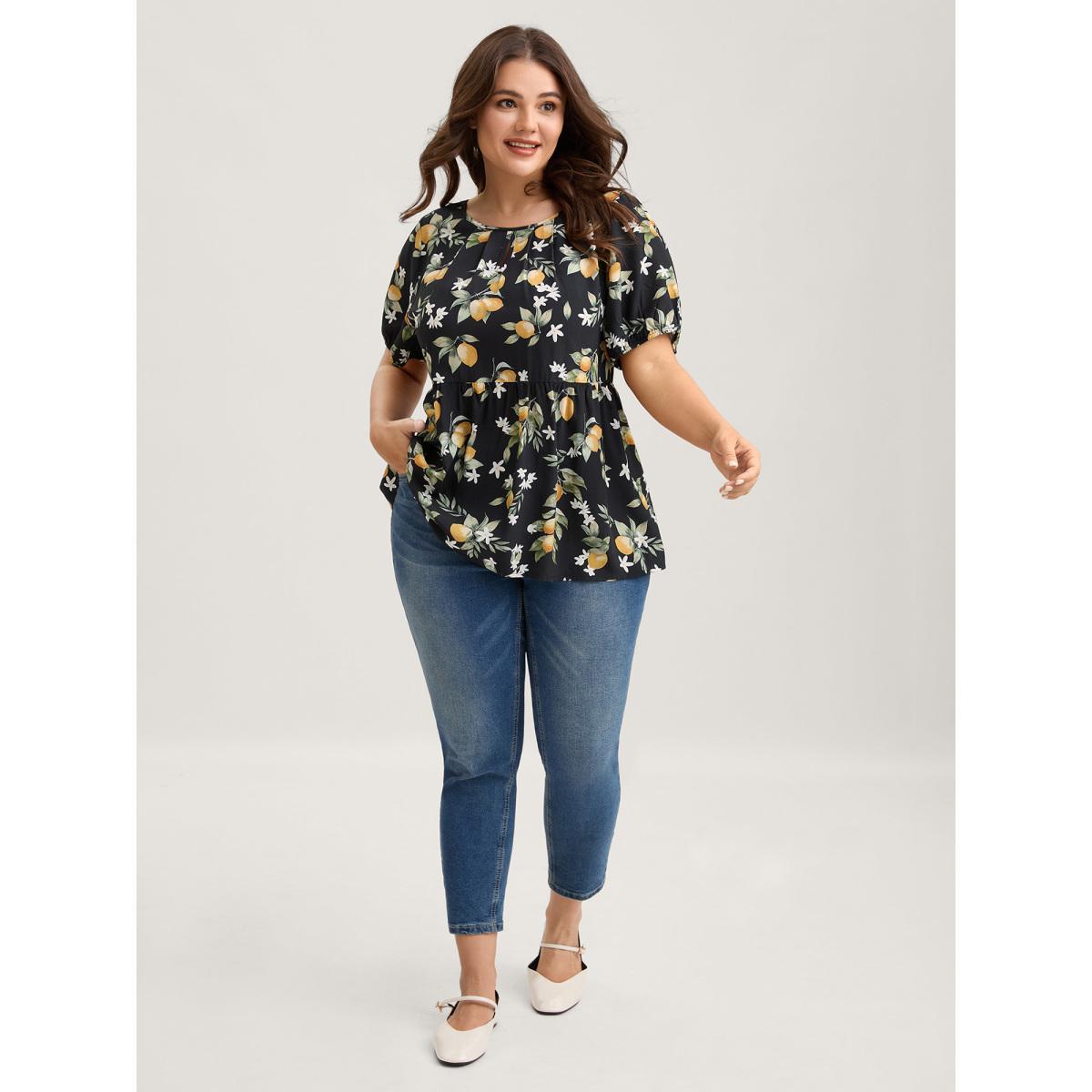 Plus Size Black Citrus Print Bow Backless Blouse Women Short sleeve Round Neck Everyday-Casual Blouses BloomChic 14-16/1X Product Image