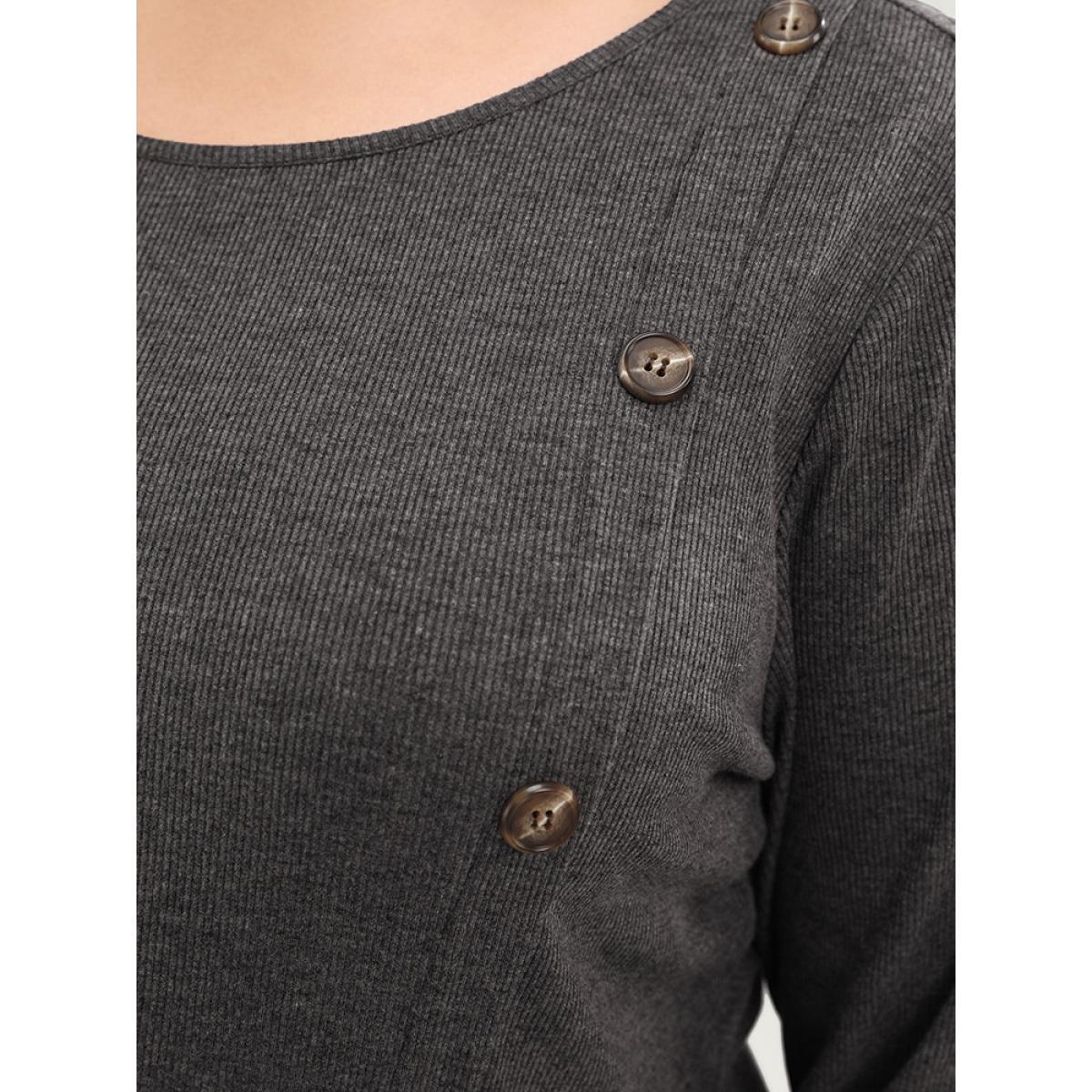 Plus Size Solid Round Neck Pocket Button Detail Ruffle Hem Dress Gray Women Elegant Button Round Neck Long Sleeve Curvy Midi Dress BloomChic 26/4X Product Image