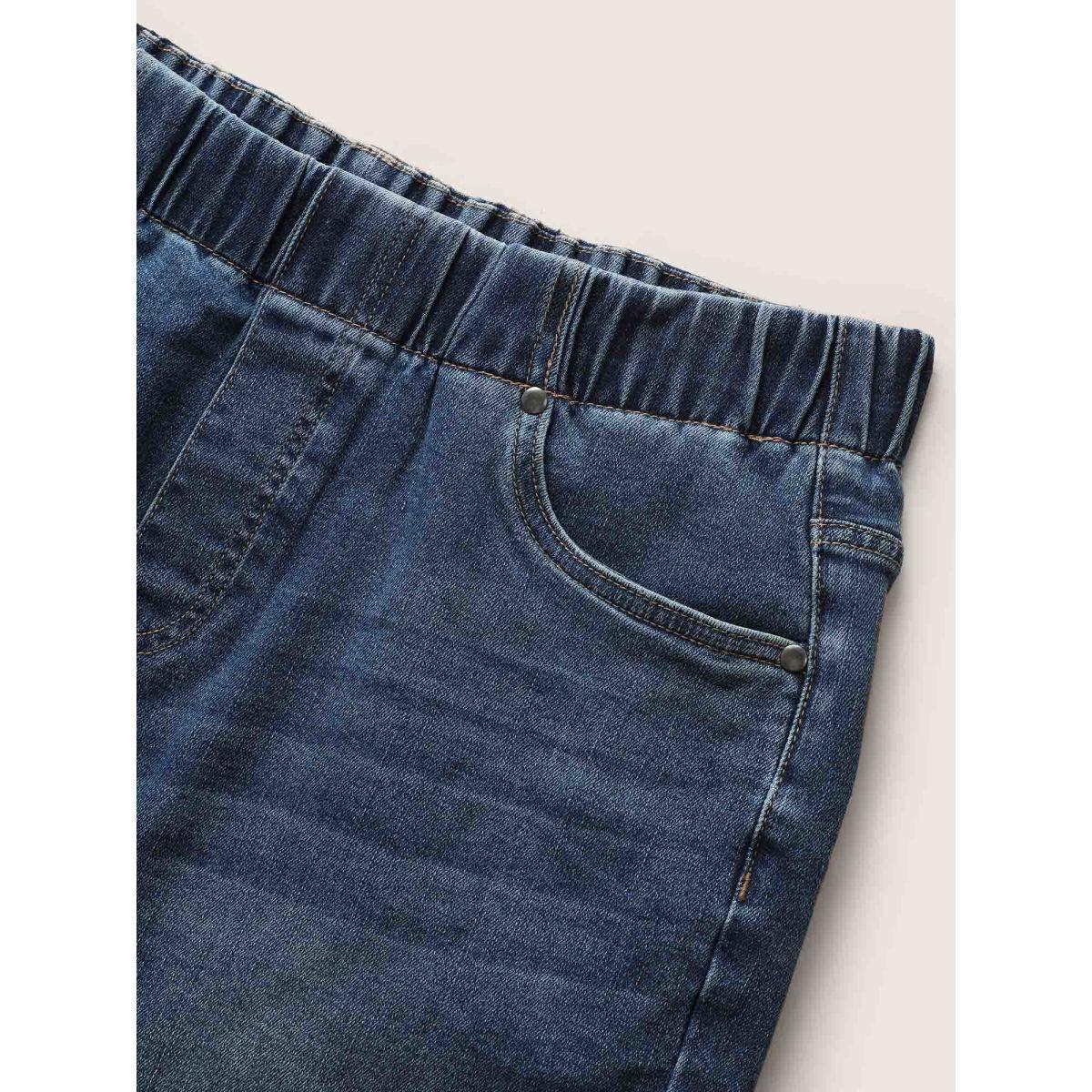 Plus Size Dark Wash Elastic Waist Roll Hem Denim Shorts Women DarkBlue Roll Hem Medium stretch Everyday Slanted pocket Casual Denim Shorts BloomChic 18/2X Product Image
