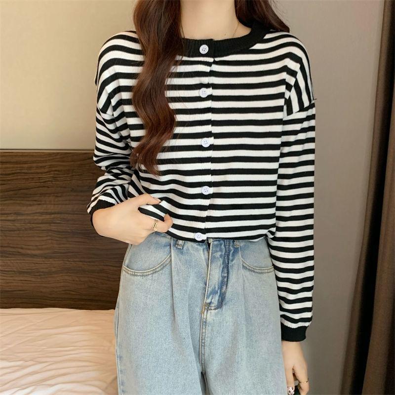 Crew Neck Striped Button Up Cardigan Product Image