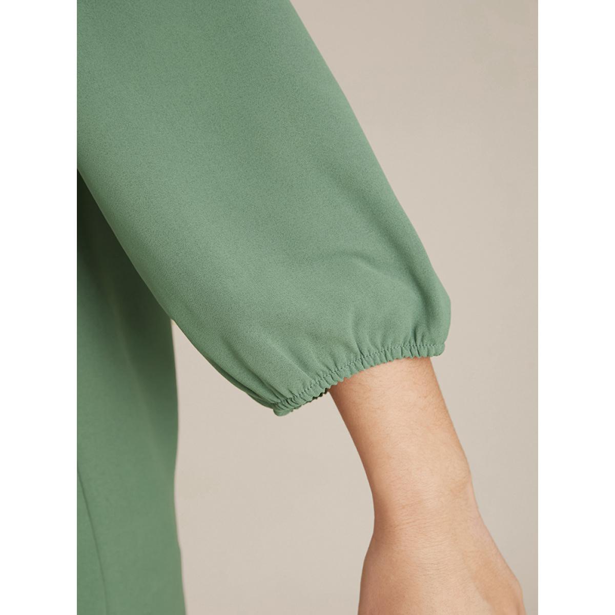Plus Size Emerald Solid Lantern Sleeve Lace Trim V Neck Blouse Women Elegant Elbow-length sleeve V-neck Dailywear Blouses BloomChic 22-24/3X Product Image