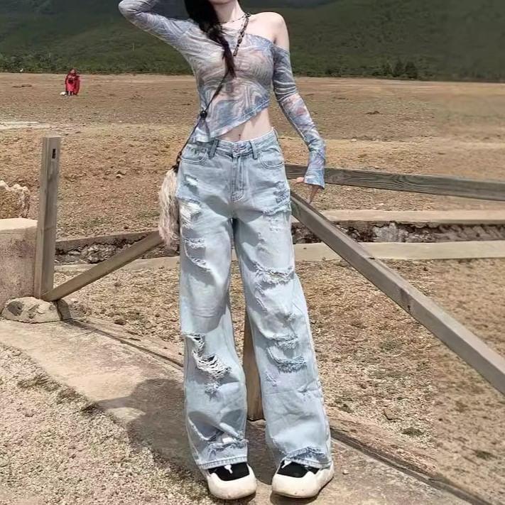 Long-Sleeve Off Shoulder Mesh Crop Top Product Image