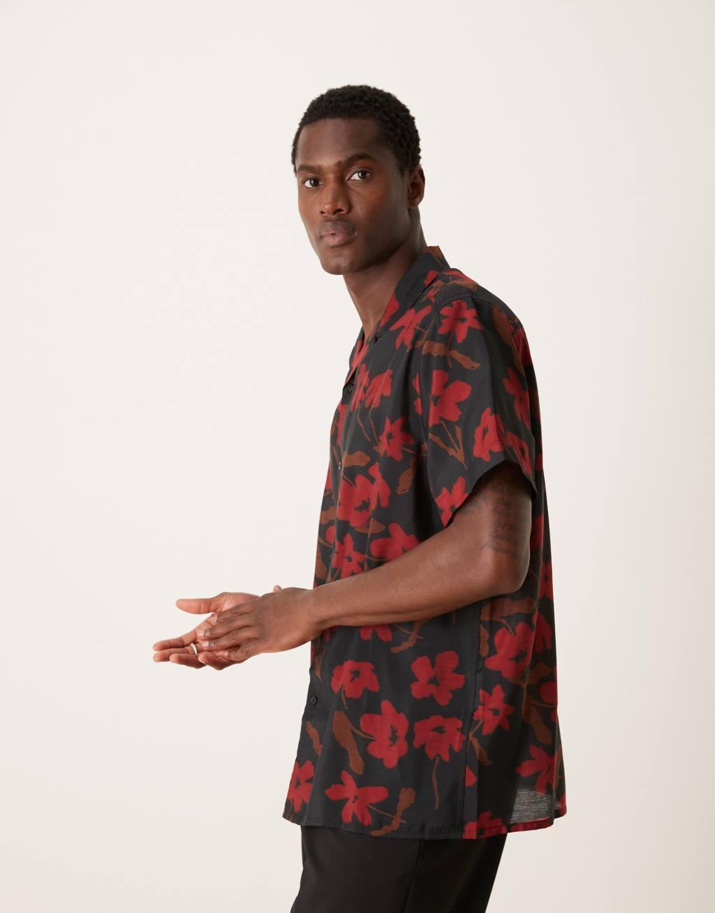ASOS DESIGN relaxed camp collar shirt with floral print in black and red Product Image