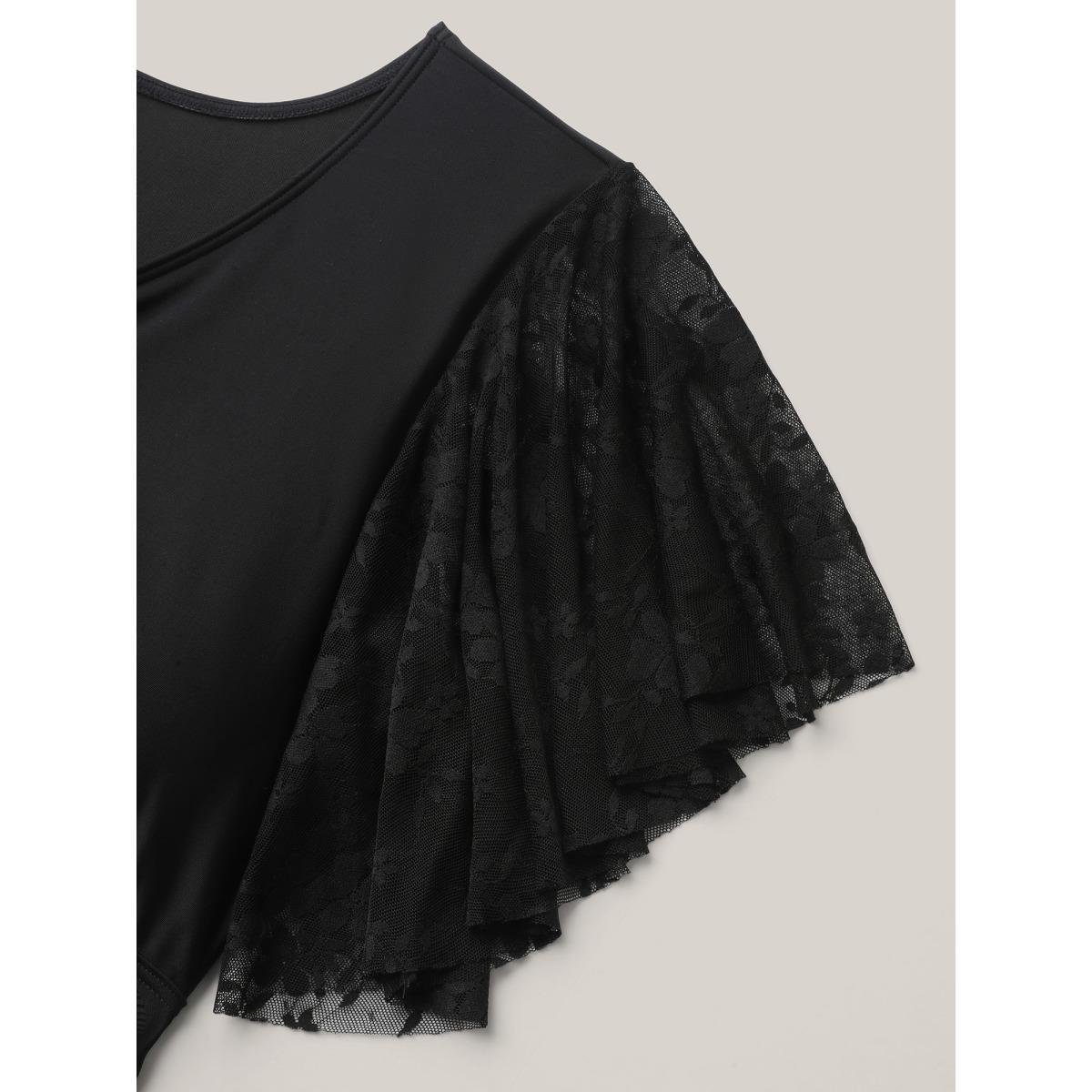Plus Size Knotted Lace Sheer Sleeve Swim Top Women's Swimwear Black Beach Tie knot High stretch Bodycon V-neck Curve Swim Tops BloomChic 30/6X Product Image