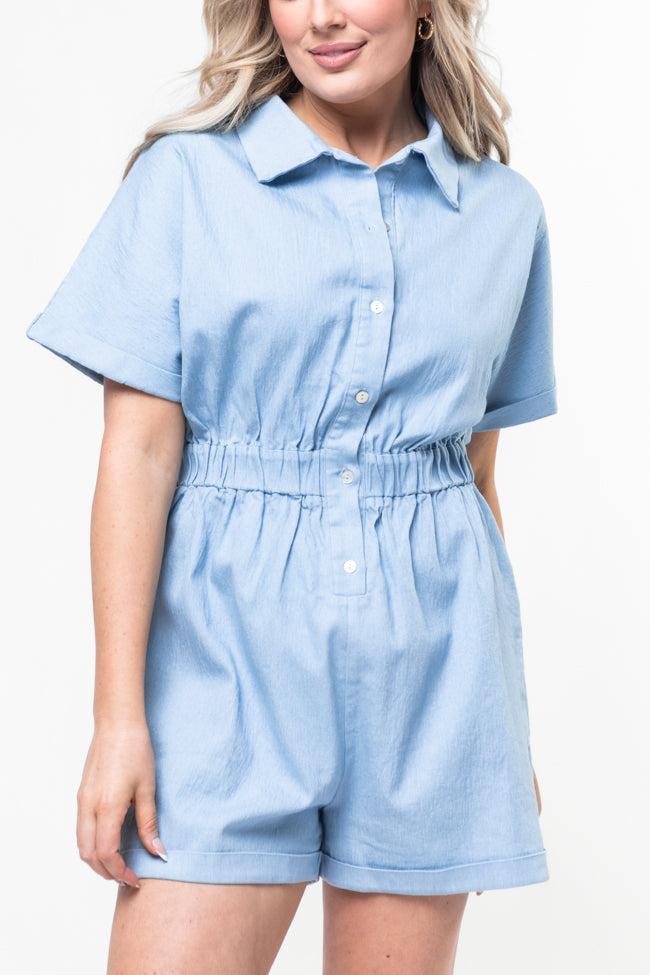 Walk With Me Blue Solid Chambray Romper FINAL SALE Product Image