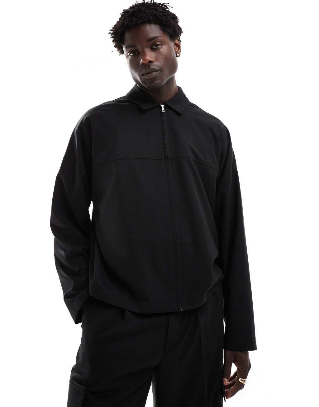 ASOS DESIGN sharp slim trucker jacket with cargo pockets in black - part of a set Product Image
