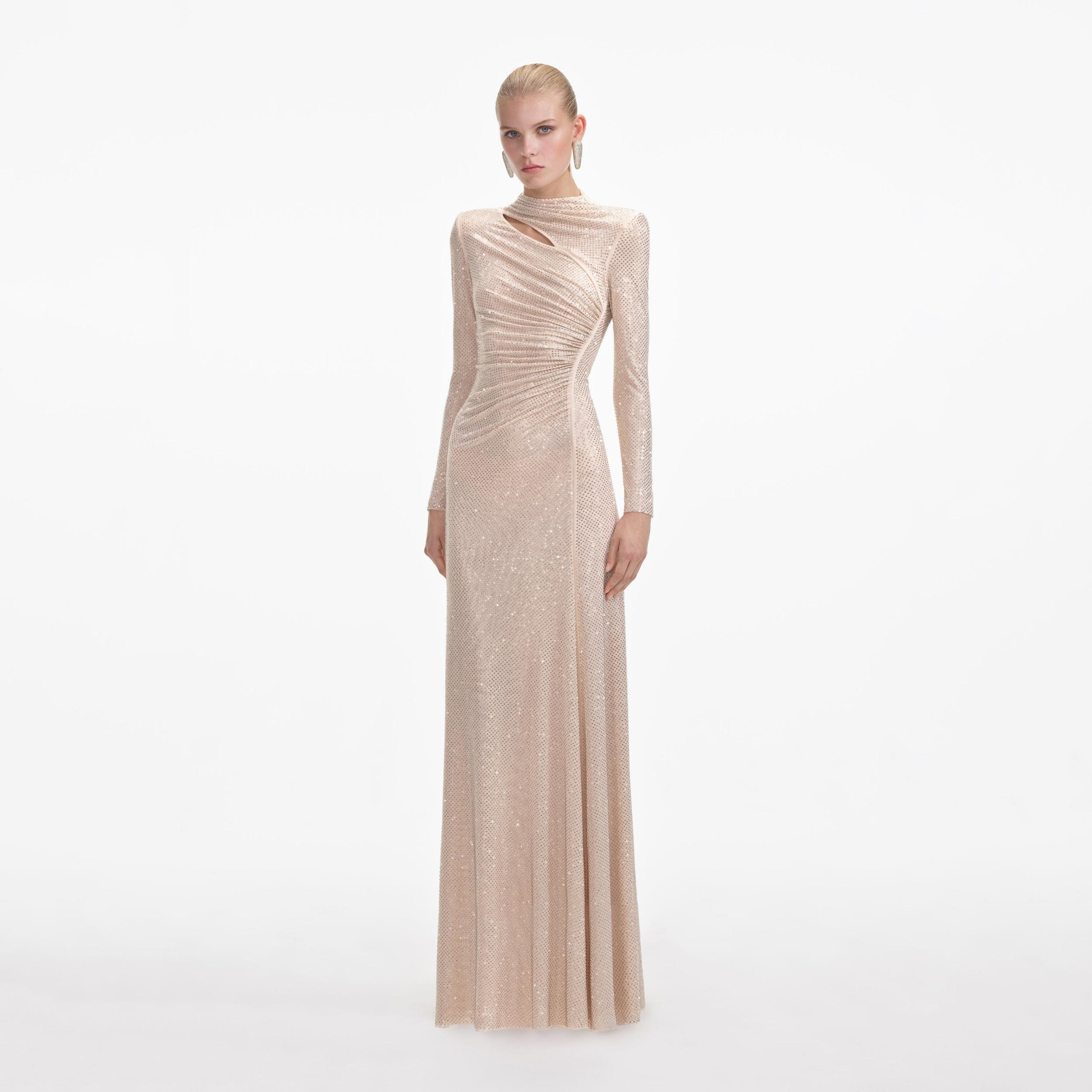 Gold Rhinestone Mesh Cut Out Maxi Dress Product Image