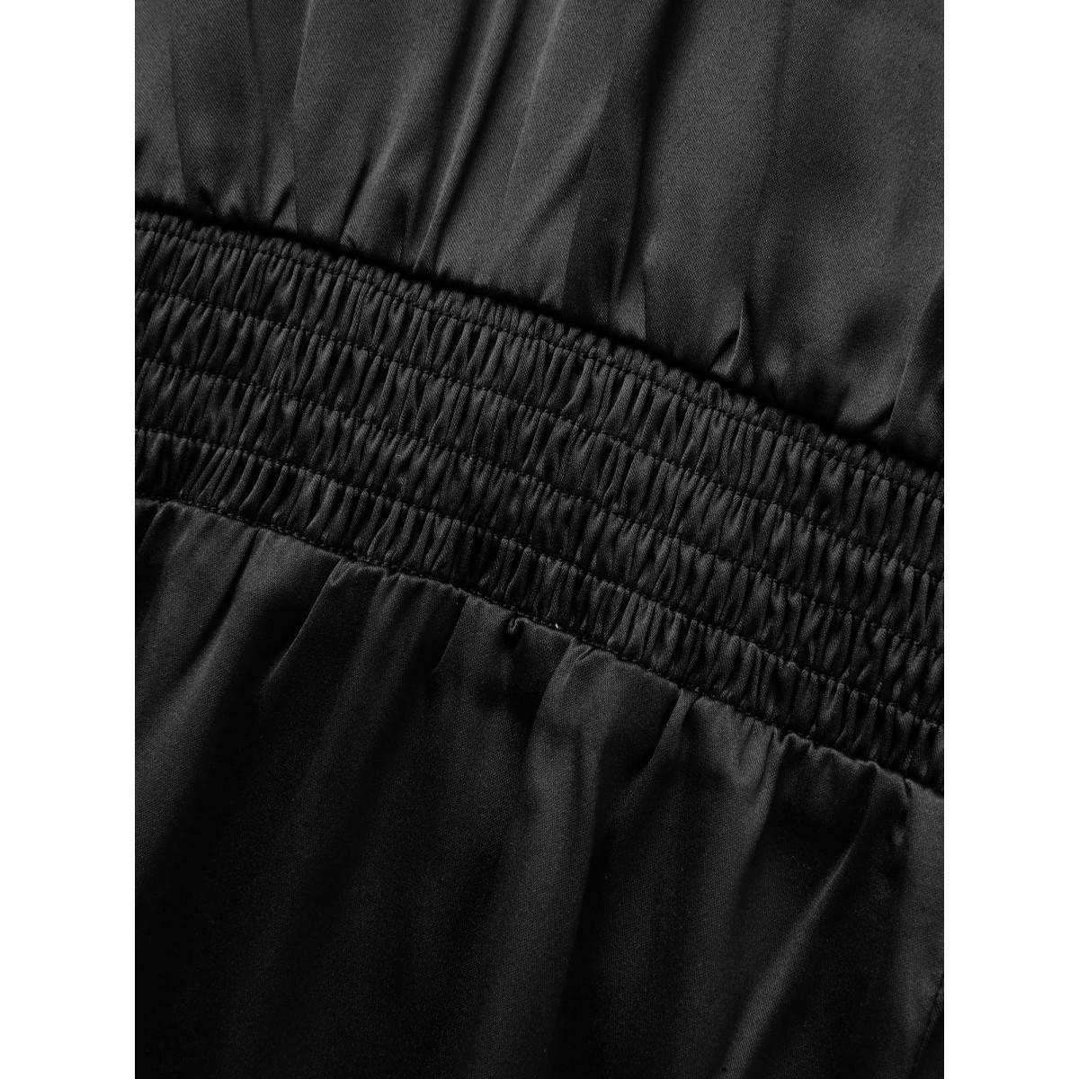 Plus Size Lace Panel Shirred Cami Dress Black Women Elegant Woven ribbon&lace trim V-neck Sleeveless Curvy BloomChic 22-24/3X Product Image