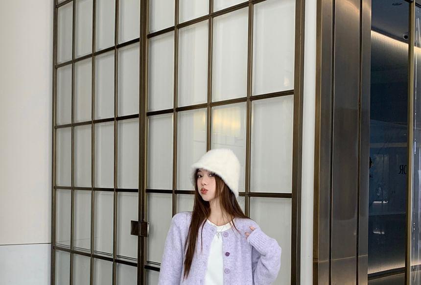 Crew Neck Plain Button-Up Cardigan / Drawstring Waist Corduroy Wide Leg Pants Product Image