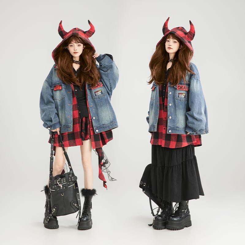 Hooded Plaid Panel Mock Two Piece Washed Denim Oversized Jacket Product Image