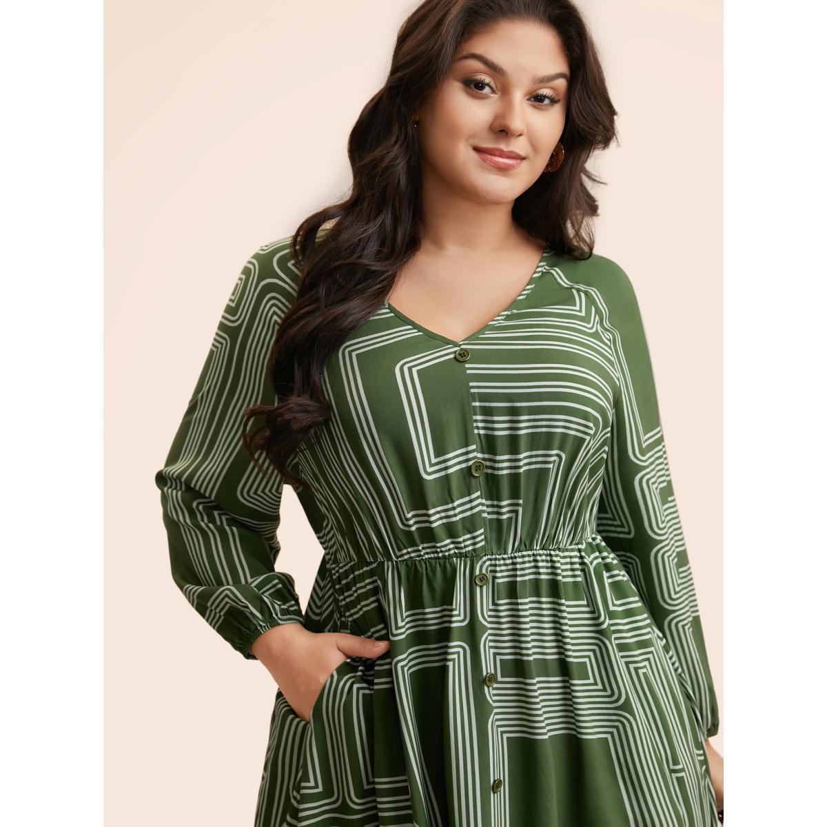 Plus Size Geometric Button Detail Lantern Sleeve Dress Moss Women At the Office Button V-neck Long Sleeve Curvy BloomChic 10/M Product Image