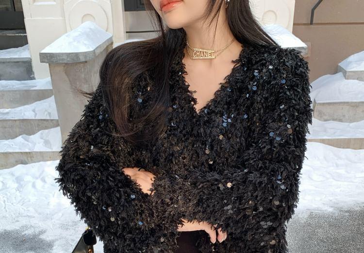 V-Neck Sequin Fluffy Jacket Product Image