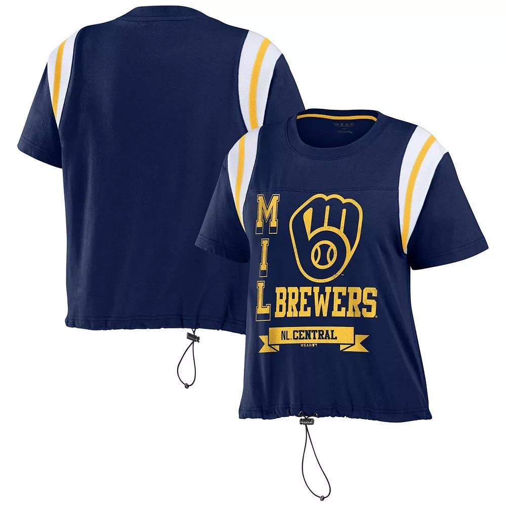 Women's WEAR by Erin Andrews Navy Milwaukee Brewers Cinched Colorblock T-Shirt, Size: Medium, Blue Product Image