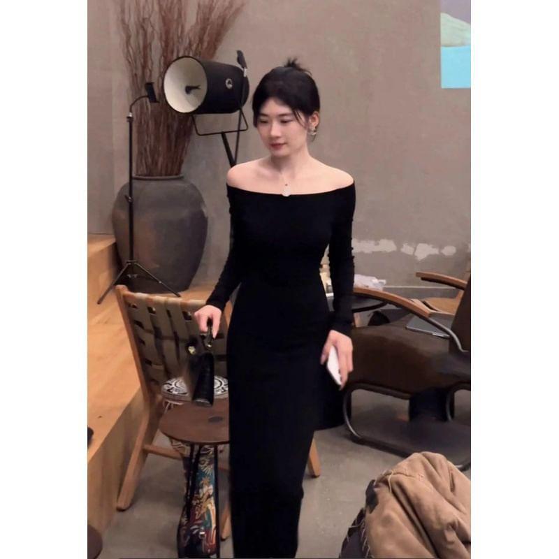 Long-Sleeve Off-Shoulder Plain Maxi Sheath Dress Product Image