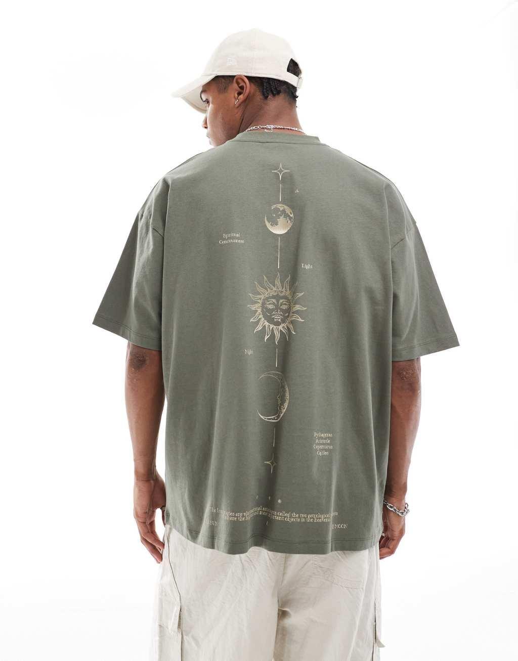 ASOS DESIGN oversized T-shirt with celestial back print in olive green Product Image
