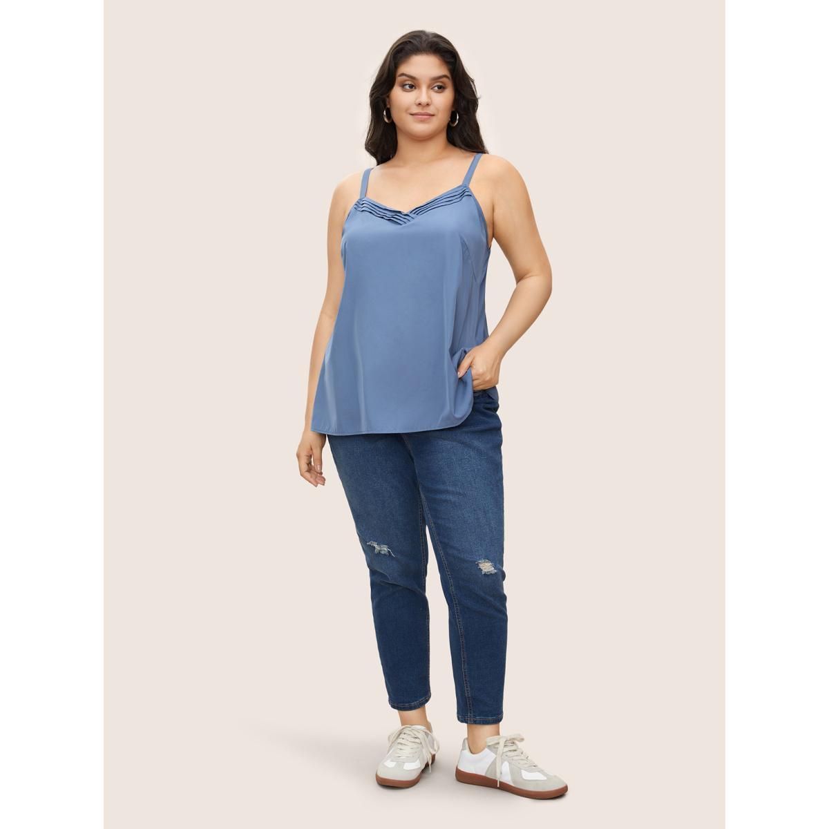 Plus Size Supersoft Essentials Pleated Adjustable Straps Cami Top Women Aegean Casual Pleated V-neck Everyday Tank Tops Camis BloomChic 12/L Product Image