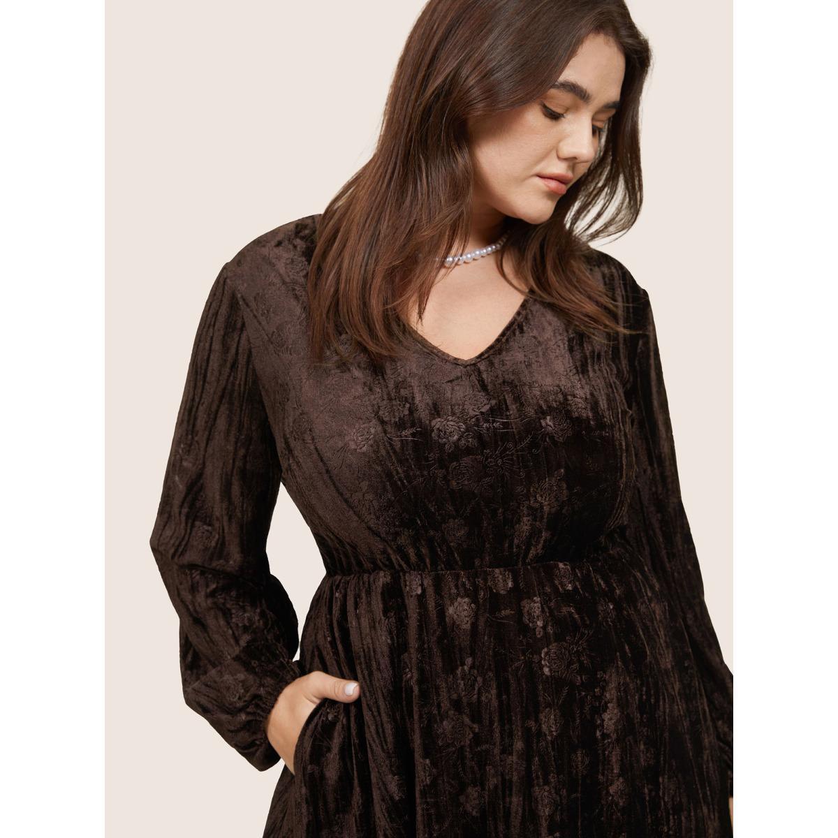 Plus Size Solid Texture Velvet V Neck Lantern Sleeve Dress DarkBrown Women Glamour Velvet V-neck Long Sleeve Curvy Midi Dress BloomChic 14-16/1X Product Image