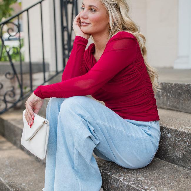 Forever Happy Red Mesh Overlay Off The Shoulder Top FINAL SALE Product Image