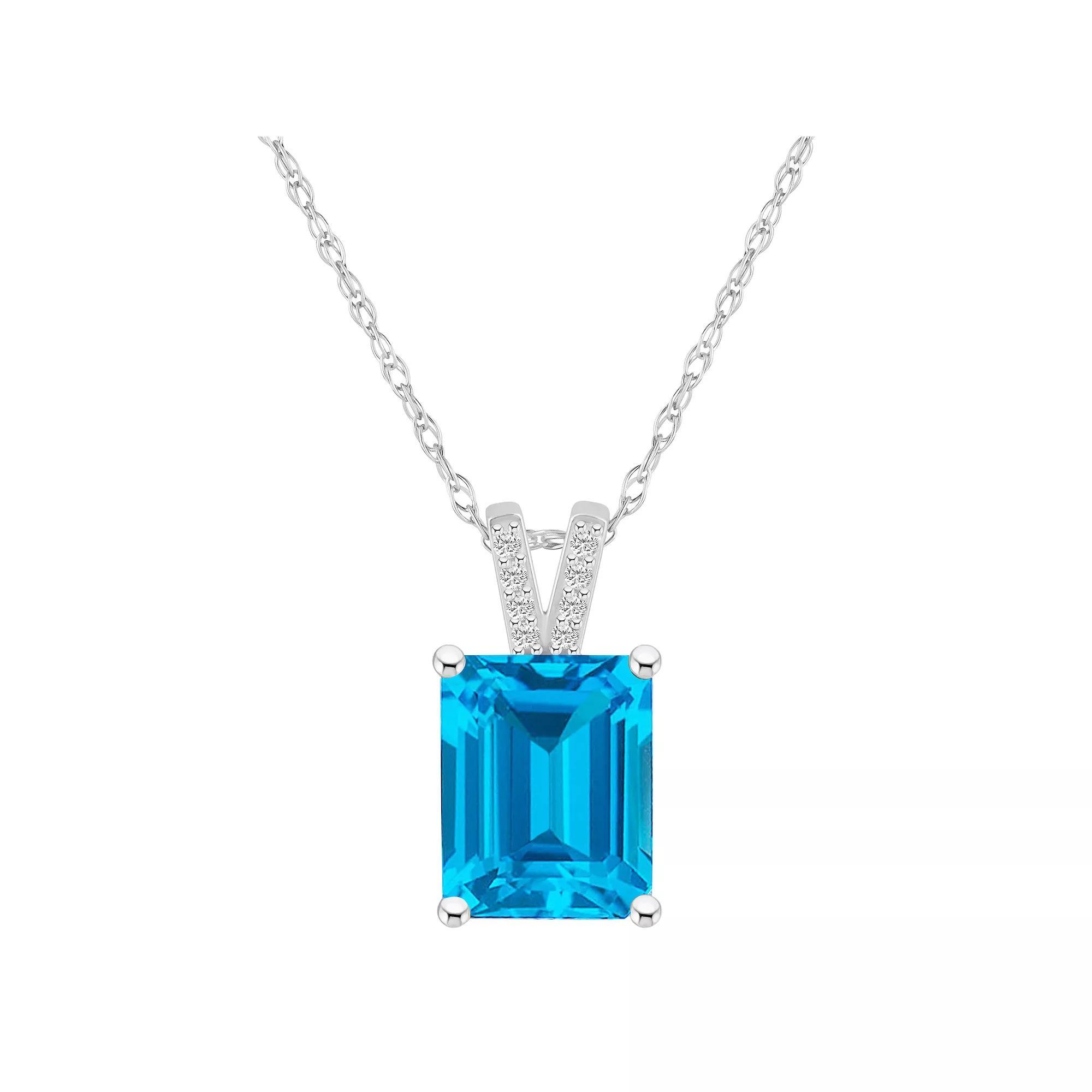 Alyson Layne 10k White Gold Emerald Cut Gemstone Diamond Accent Pendant Necklace, Women's, Size: 18", Blue Topaz Product Image
