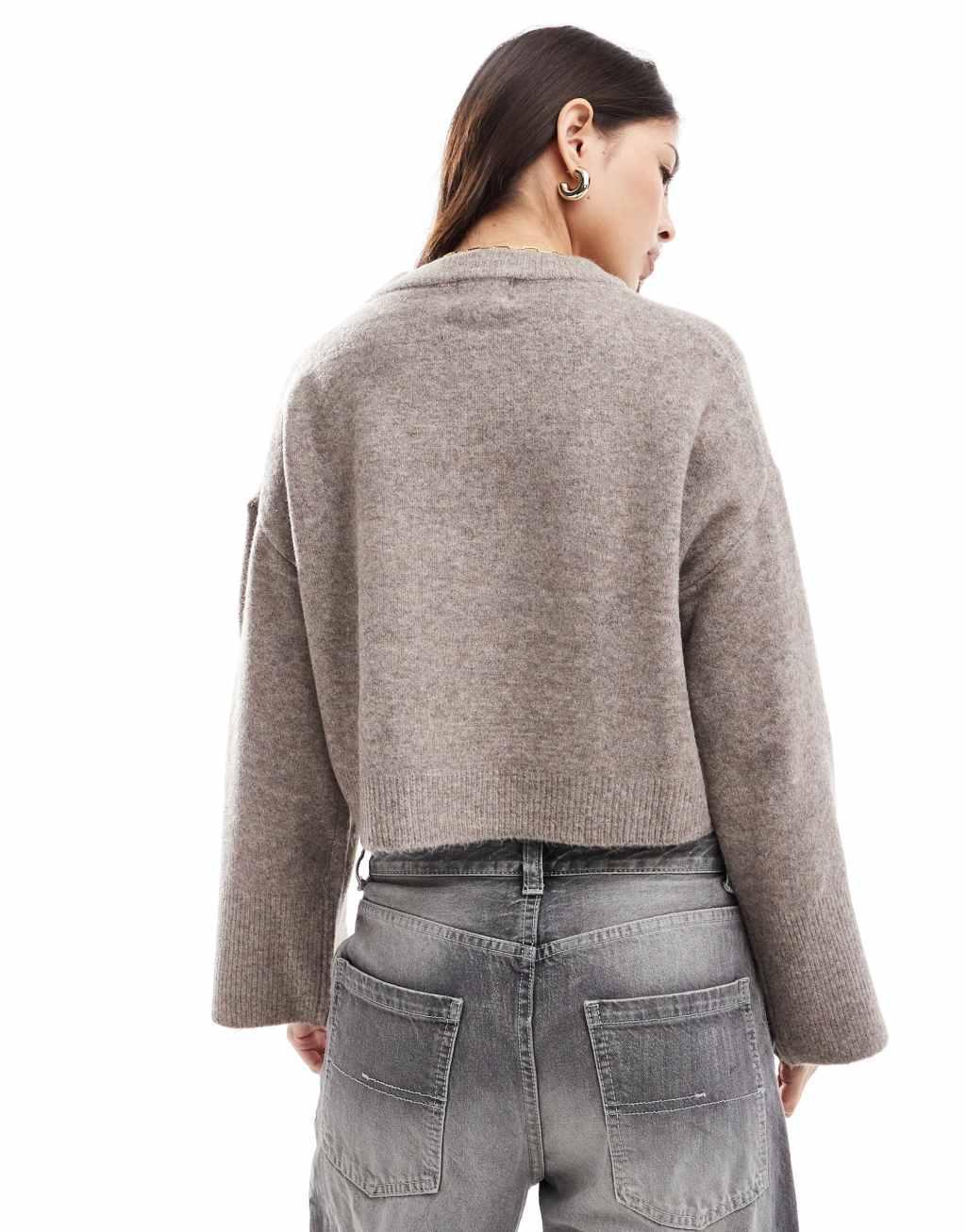ASOS DESIGN crew neck boxy sweater with wide cuff in mocha Product Image
