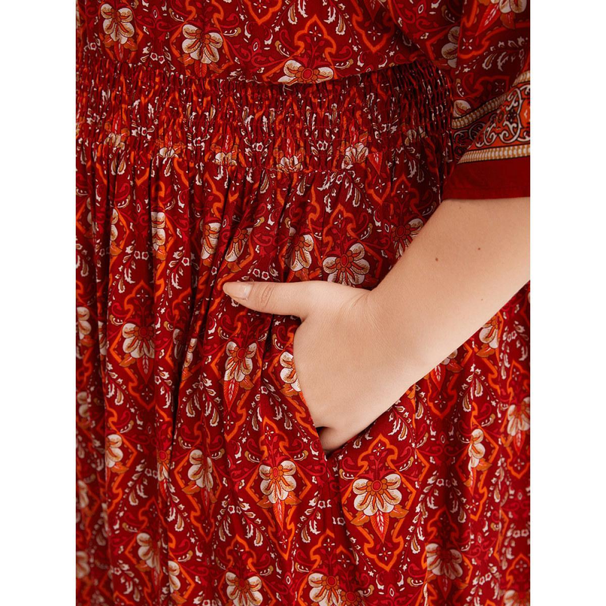 Plus Size Bandana Print Batwing Sleeve Shirred Dress Crimson Women Vacation Printed V-neck Half Sleeve Curvy Midi Dress BloomChic 22-24/3X Product Image