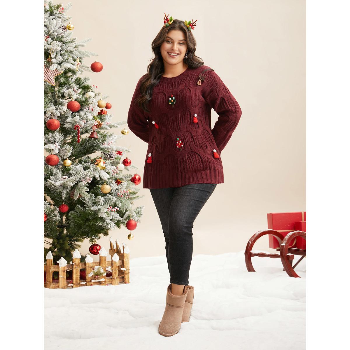 Plus Size Tis The Season Motifs Cable Knit Pullover Scarlet Women Casual Loose Long Sleeve Round Neck Everyday Pullovers BloomChic 14-16/1X Product Image