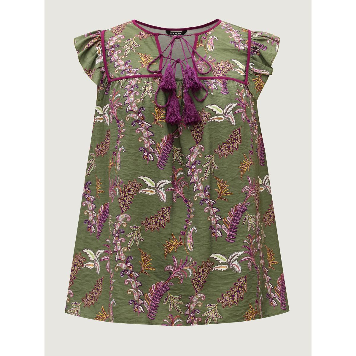 Plus Size Moss Paisley Print Color Contrast Flowy Blouse Women Cap Sleeve Asymmetrical Neck Vacation Blouses BloomChic 26/4X Product Image