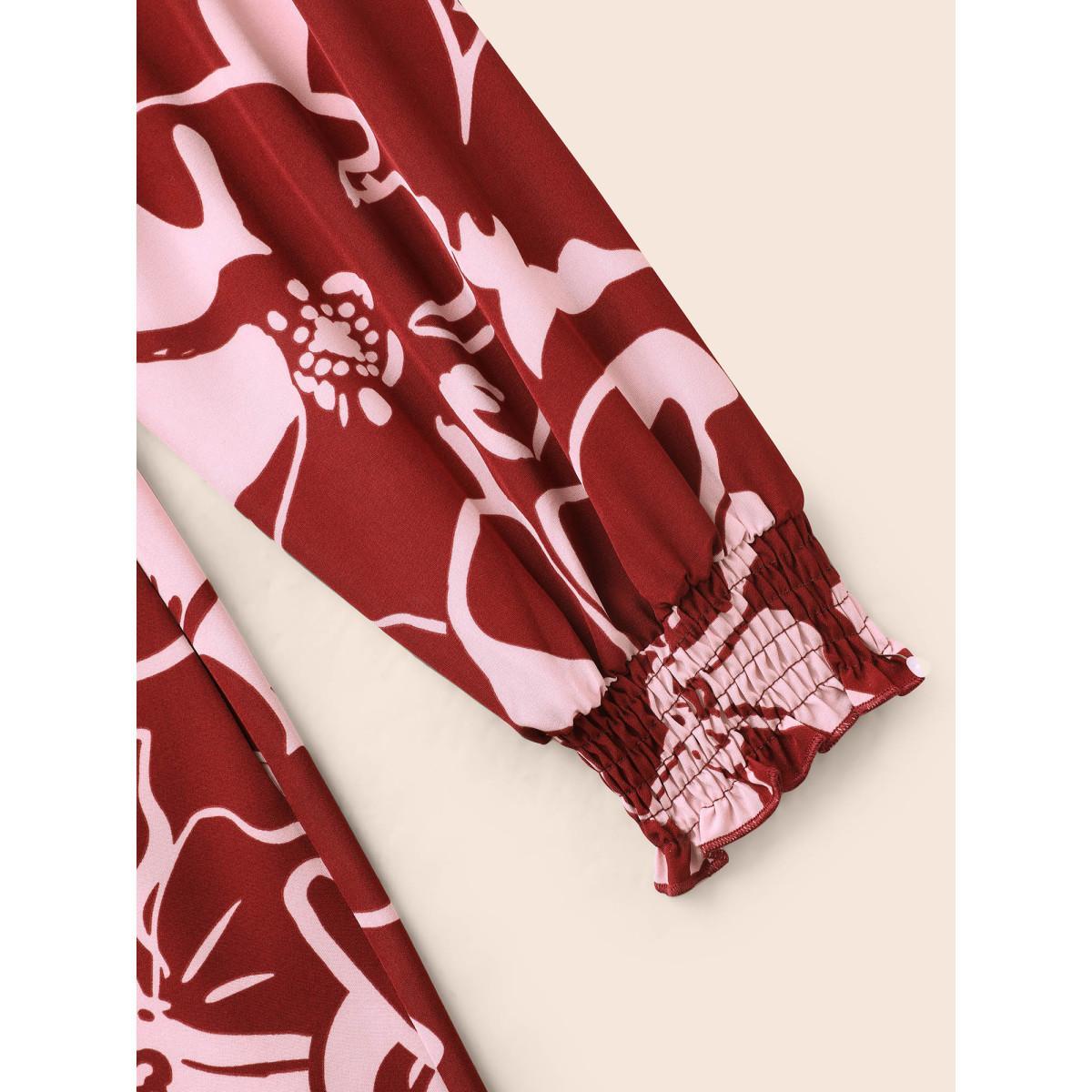 Plus Size Floral Button Up Belted Dress Burgundy Women Elegant Belted Round Neck Long Sleeve Curvy BloomChic 18-20/2X Product Image