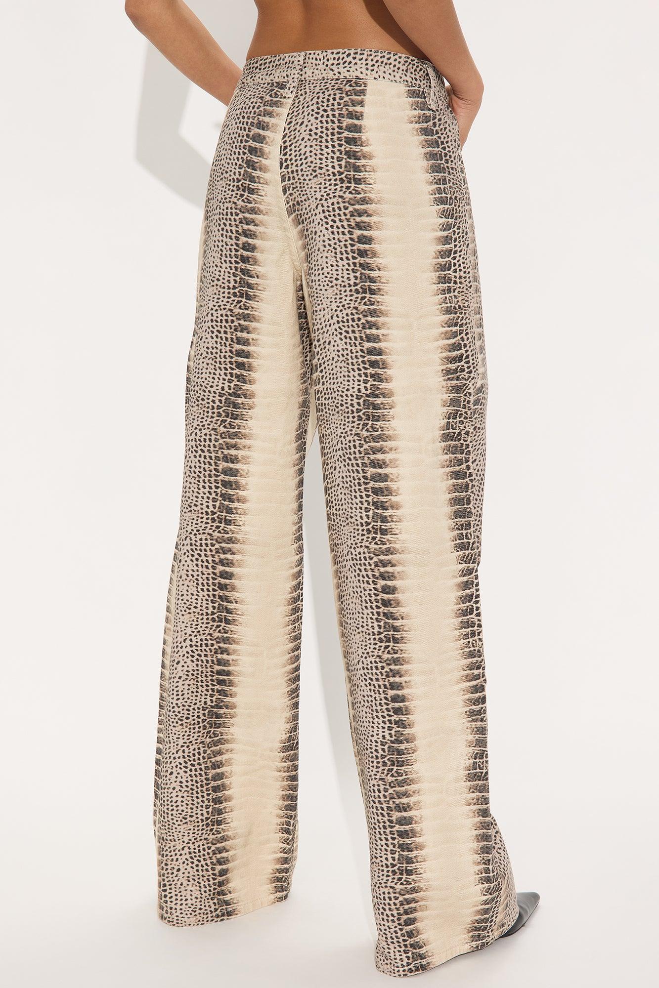 Rattle Me Up High Rise Snake Print Wide Leg Jeans - Beige/Brown Product Image
