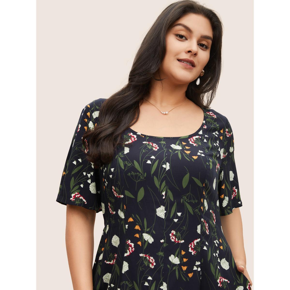 Plus Size Floral Print Patchwork Scoop Neck Dress Indigo Women Elegant Non Short sleeve Curvy Midi Dress BloomChic 12/L Product Image
