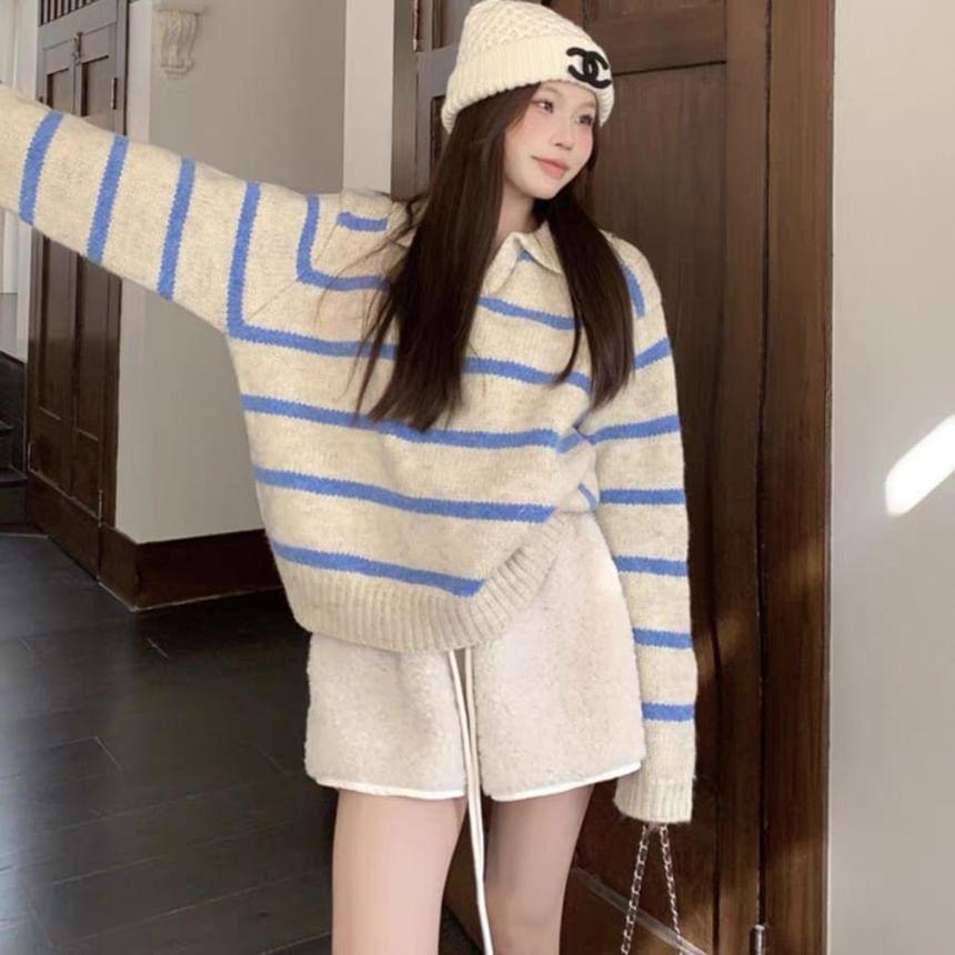 Long-Sleeve Striped Polo-Neck Sweater Product Image