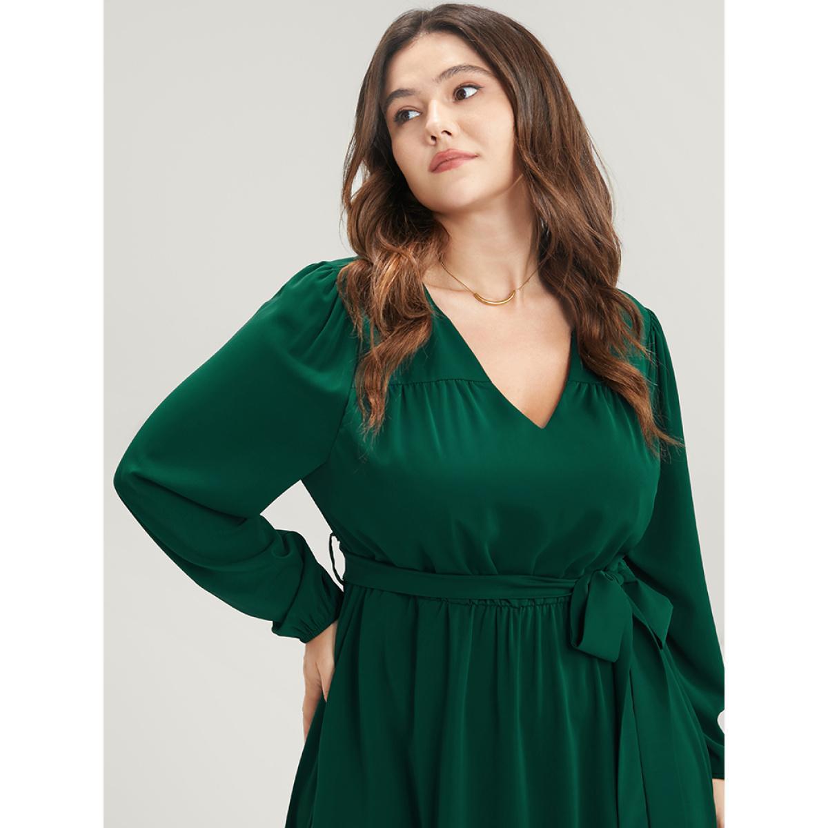 Plus Size Solid V Neck Pocket Belted Lantern Sleeve Midi Dress DarkGreen Women Elegant Belted V-neck Long Sleeve Curvy Midi Dress BloomChic 14-16/1X Product Image