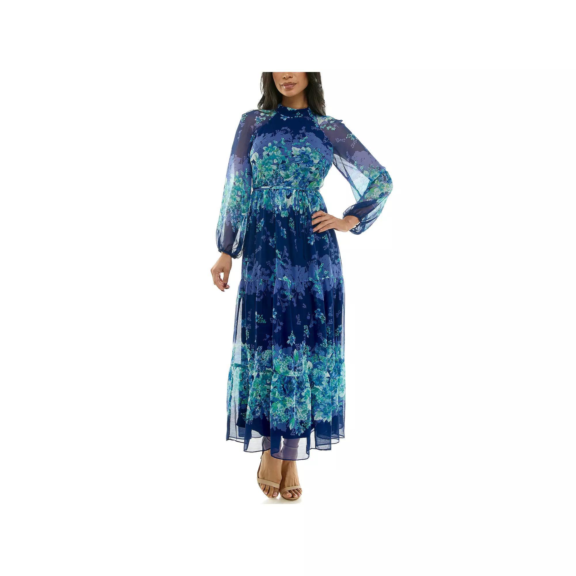 Women's Maison Tara Romantic Floral High Neck Maxi Dress, Size: 4, Navy Blue Product Image