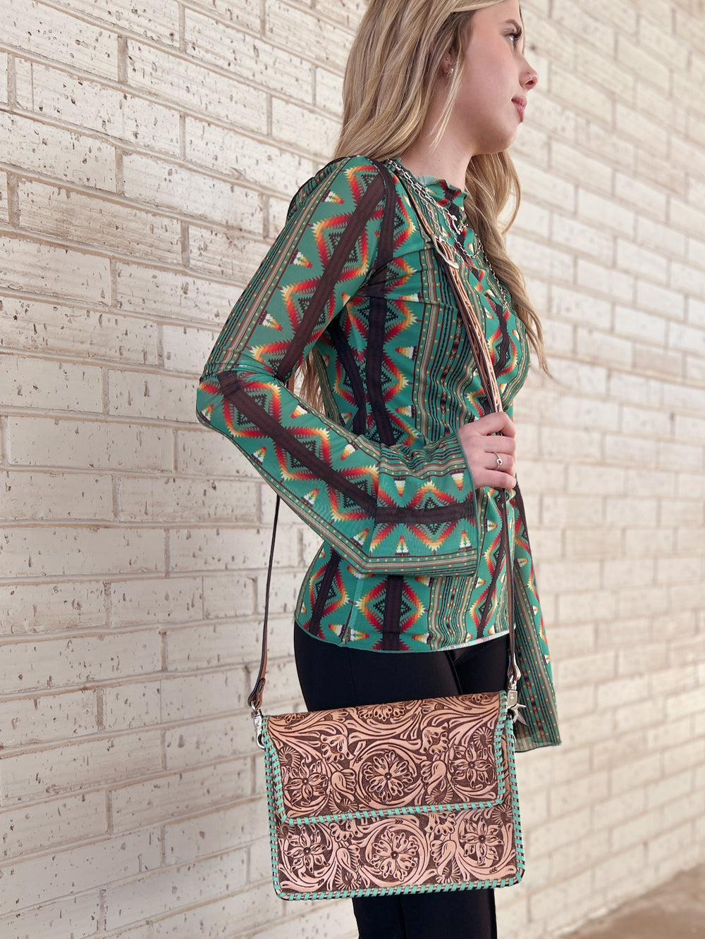 Green Southwestern Aztec Bell Sleeve Mesh Top Product Image