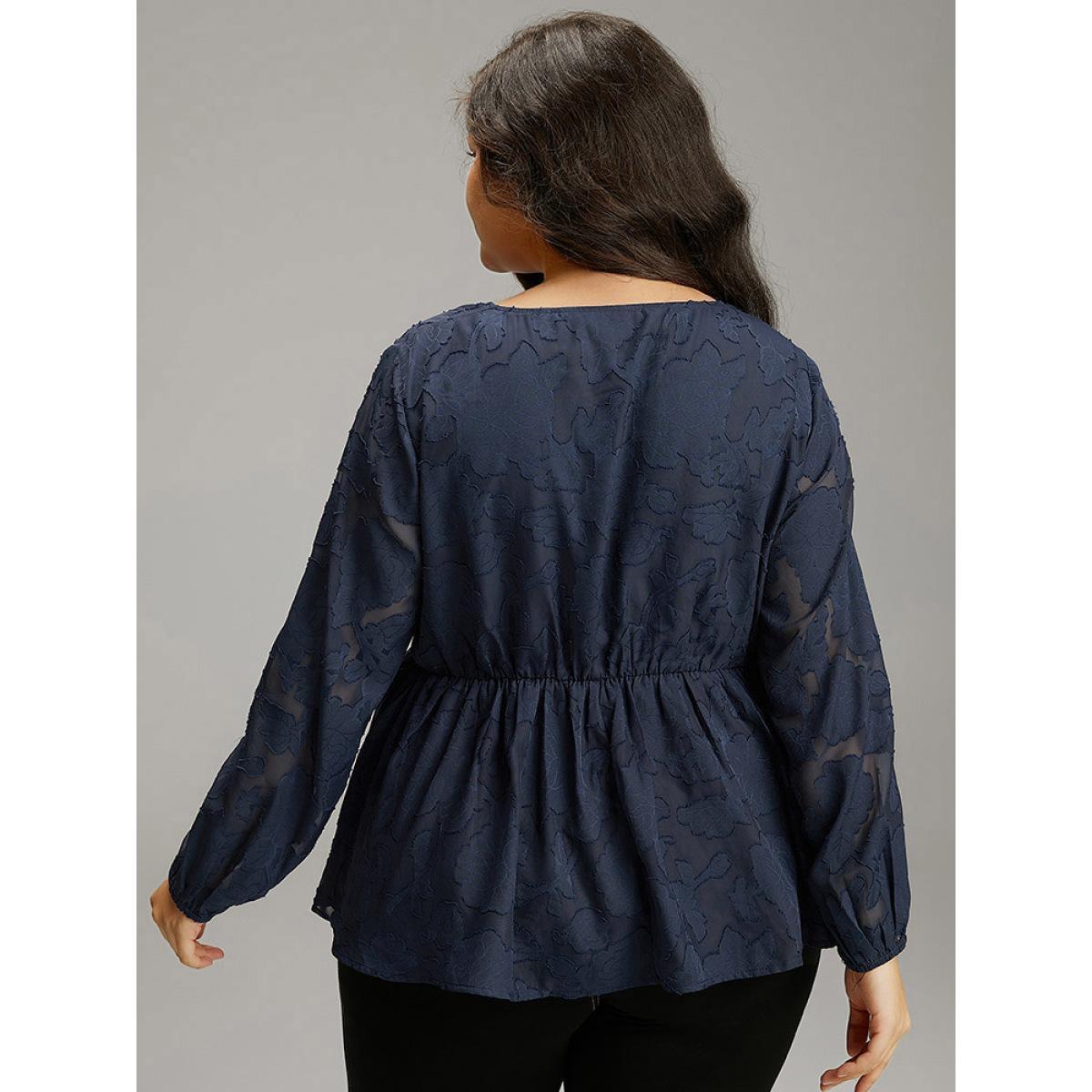 Plus Size Indigo Floral Mesh Elastic Waist Button Detail Blouse Women Glamour Long Sleeve V-neck Going out Blouses BloomChic 22-24/3X Product Image