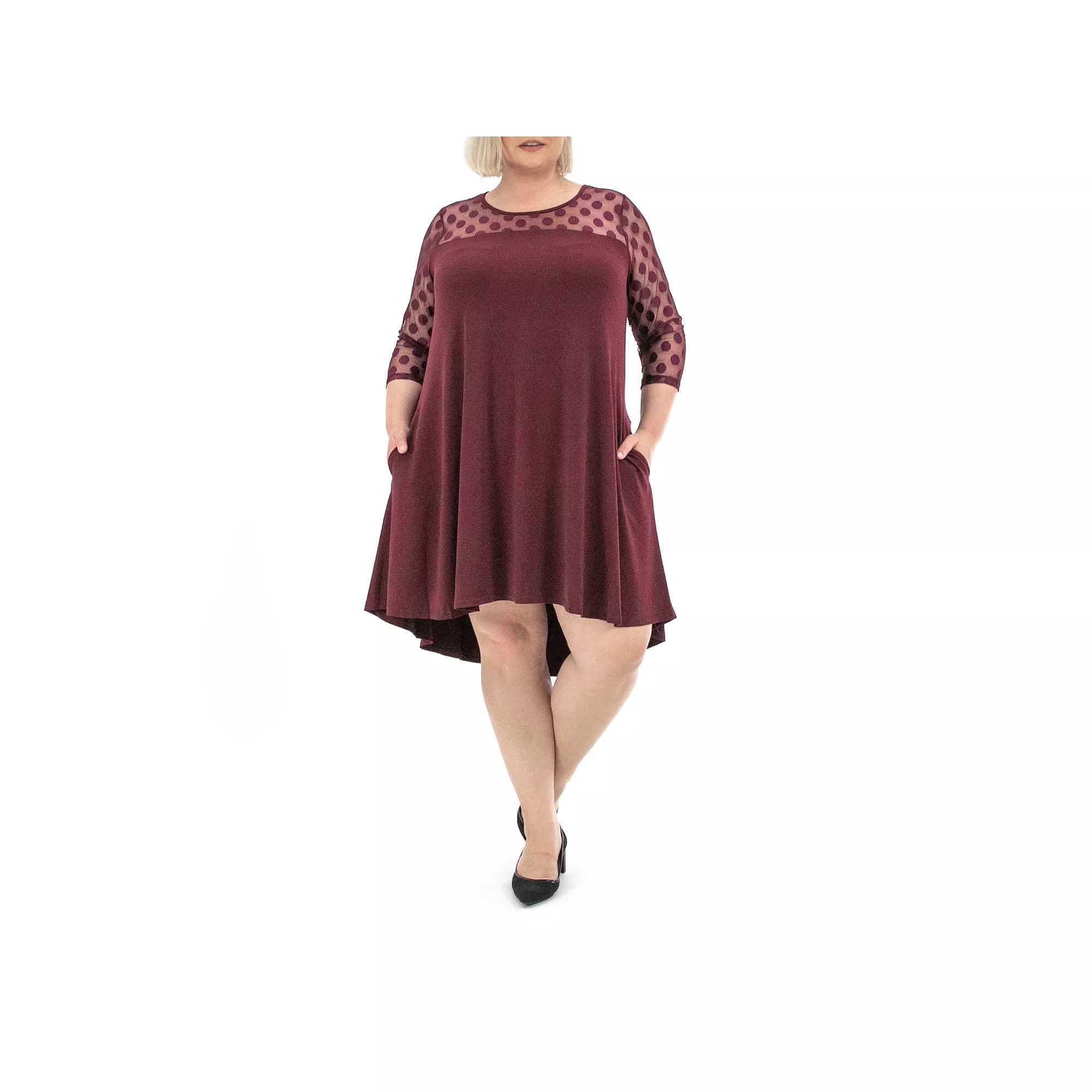 Plus Size Nina Leonard Dot-Mesh Yoke Swing Dress, Women's, Size: 2XL, Deep Red Product Image