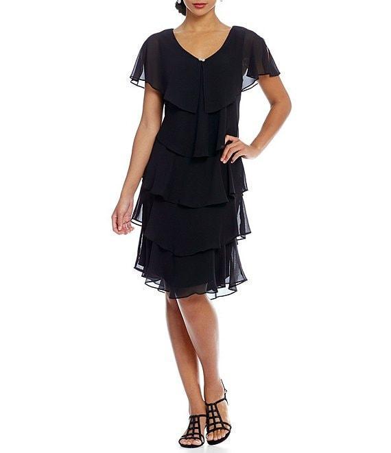Ignite Evenings Petite Size Georgette V-Neck Short Sleeve Tiered Capelet Shift Dress Product Image