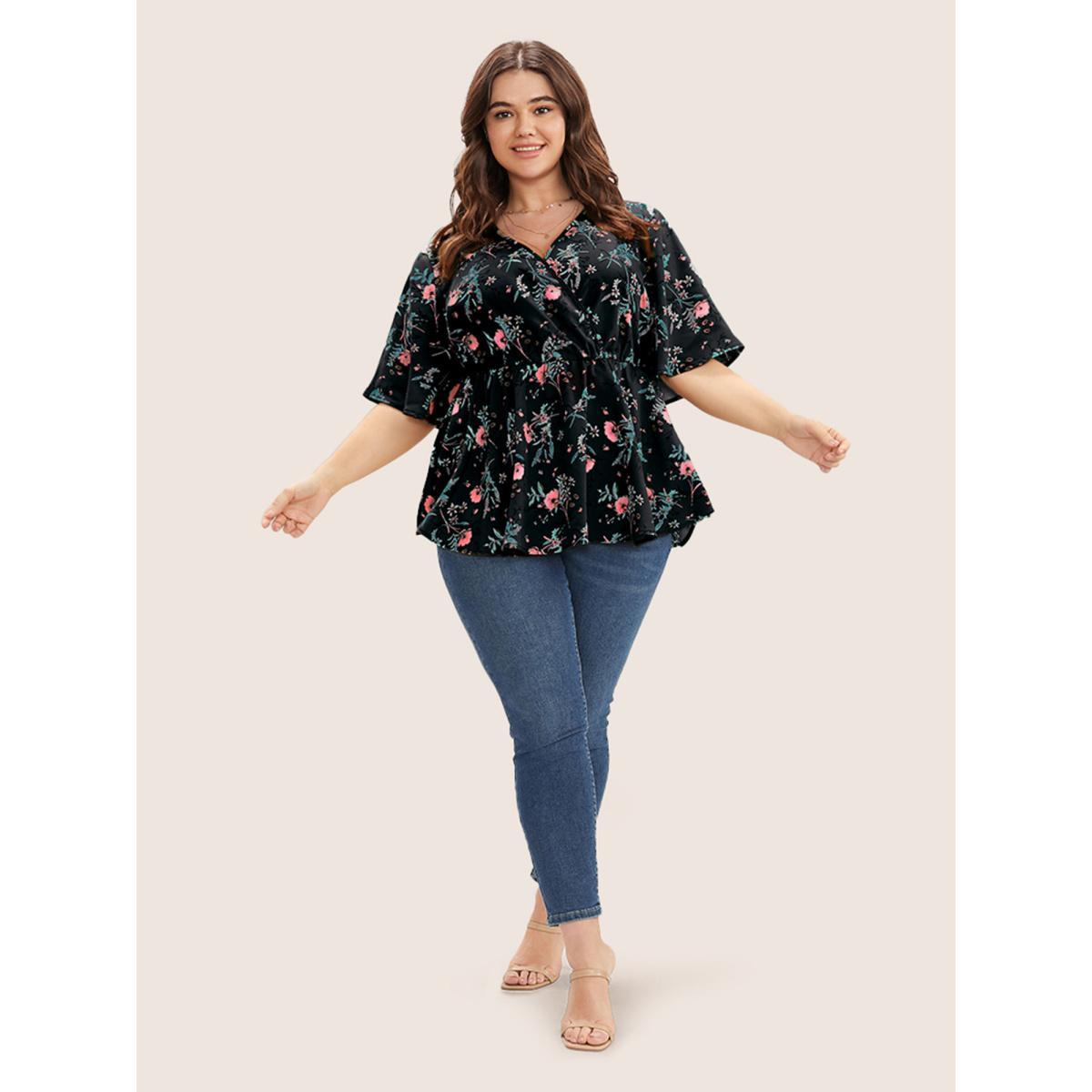 Plus Size Black Floral Print Ruffles Surplice Neck Blouse Women Elegant Half Sleeve V-neck Everyday Blouses BloomChic 28/5X Product Image