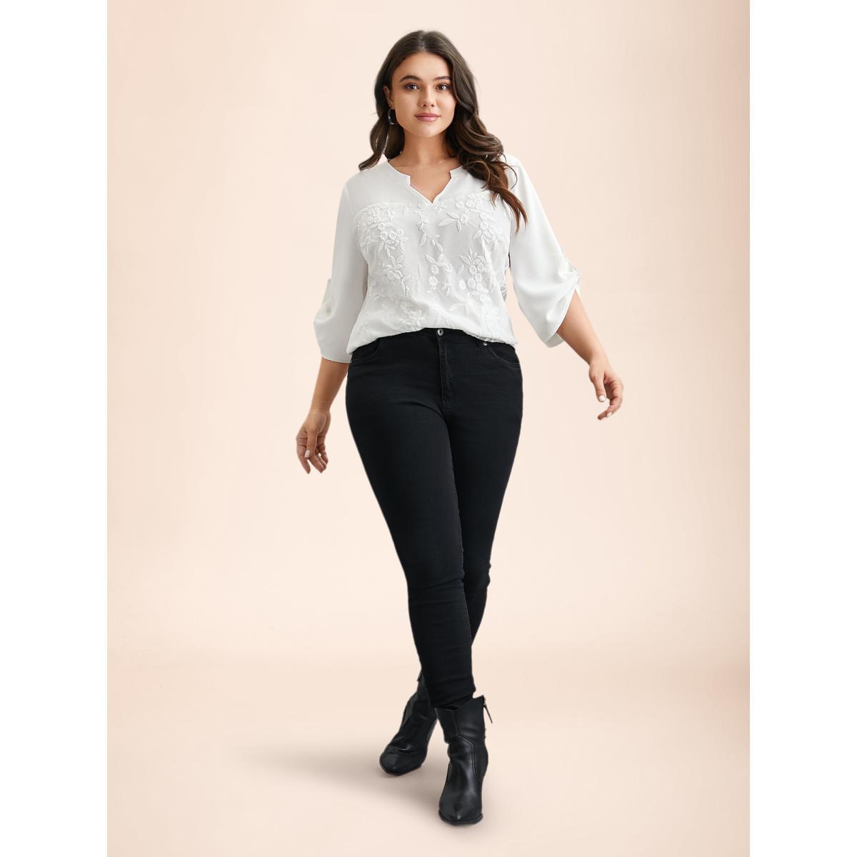 Plus Size WhiteSmoke Lace Patchwork Gathered Tab Sleeve Shirt Women Casual Elbow-length sleeve Notched collar Everyday Blouses BloomChic 12/L Product Image