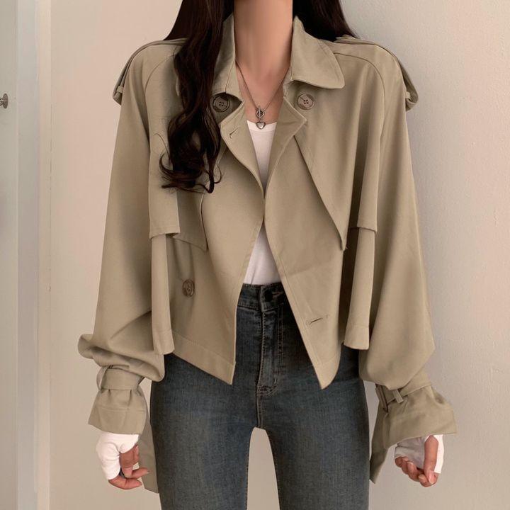 Collared Plain Double-Breasted Crop Trench Jacket Product Image