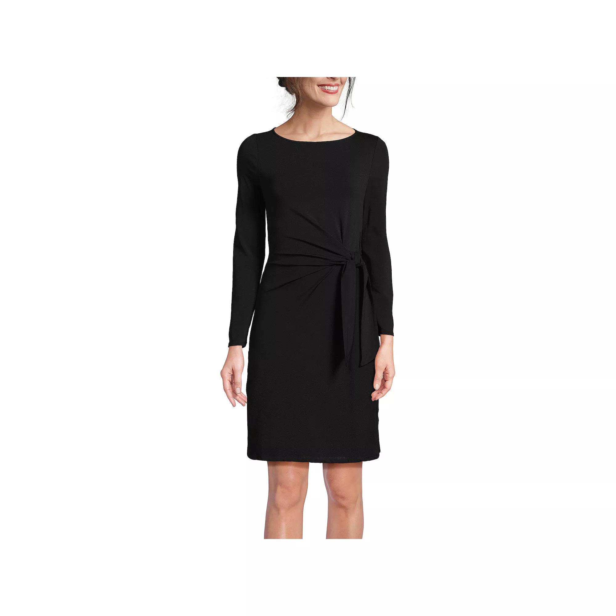 Women's Lands' End Long Sleeve Boatneck Tie-Waist Mini Dress, Size: Medium, Black Product Image