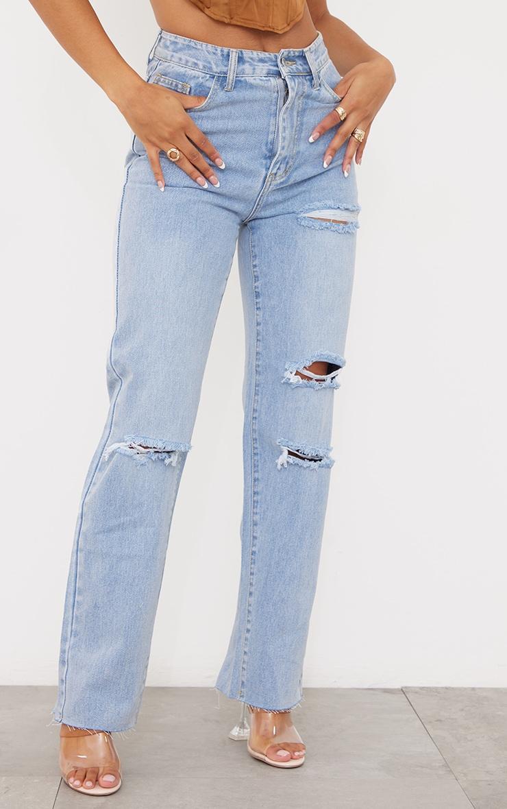 PRETTYLITTLETHING Light Blue Wash Ripped Long Leg Straight Jeans Product Image