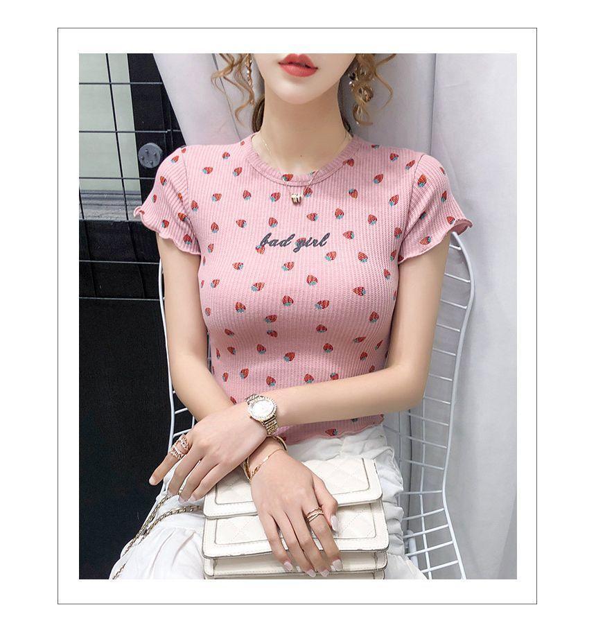 Short-Sleeve Crew Neck Strawberry Print T-Shirt Product Image