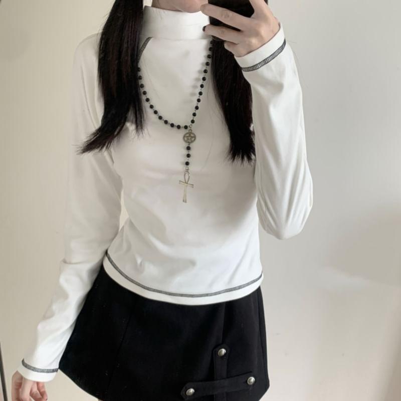 Long Sleeve Mock Neck Contrast Stitch Half Zip Top Product Image