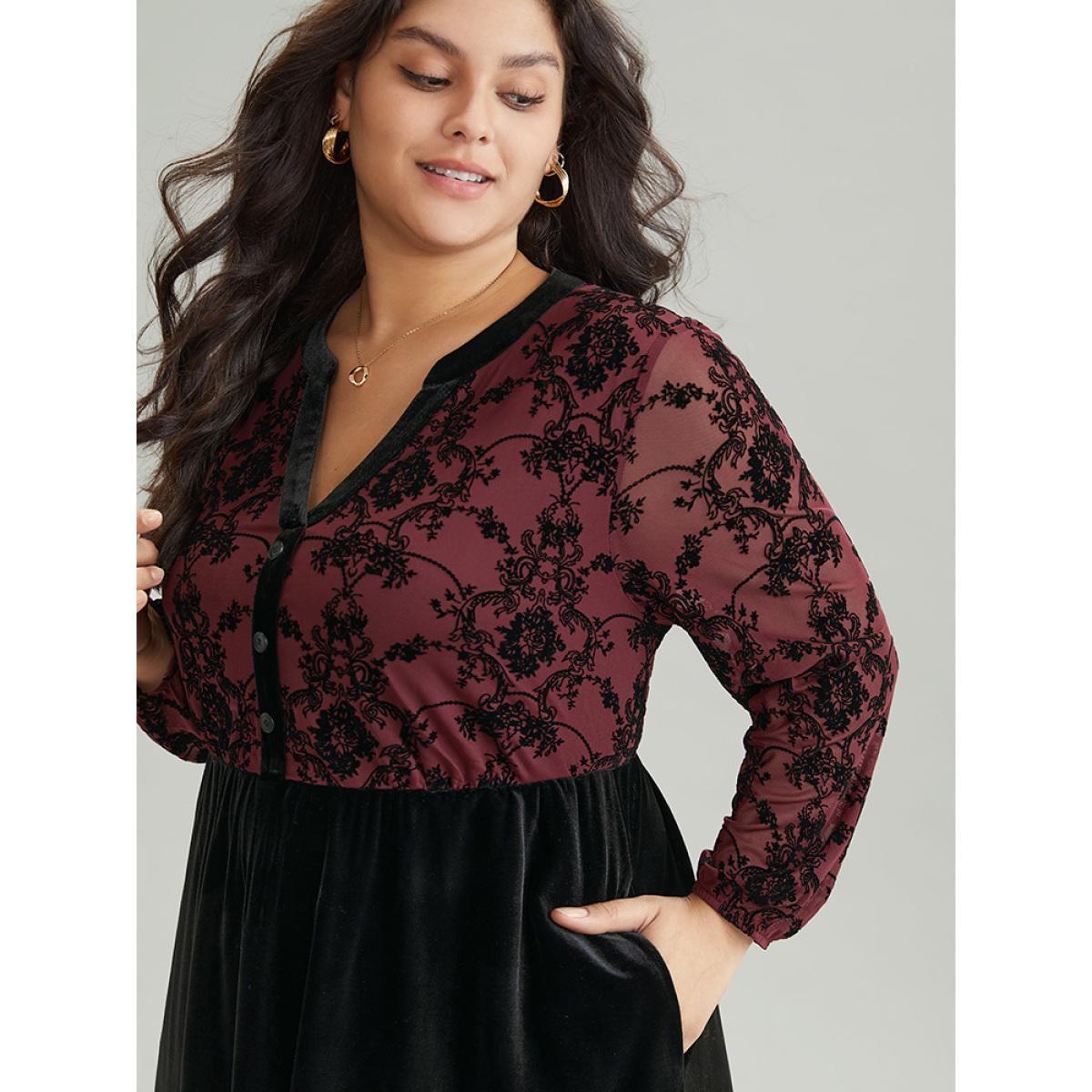Plus Size Silhouette Floral Print Patchwork Flocking Notched Dress Russet Women Office Velvet Notched collar Long Sleeve Curvy Midi Dress BloomChic 30/6X Product Image