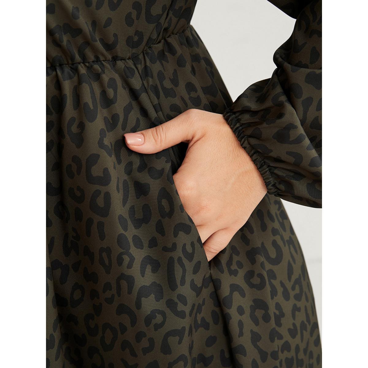 Plus Size Leopard Print Square Neck Pocket Puff Sleeve Midi Dress ArmyGreen Women Elegant Square Neck Long Sleeve Curvy Midi Dress BloomChic 28/5X Product Image