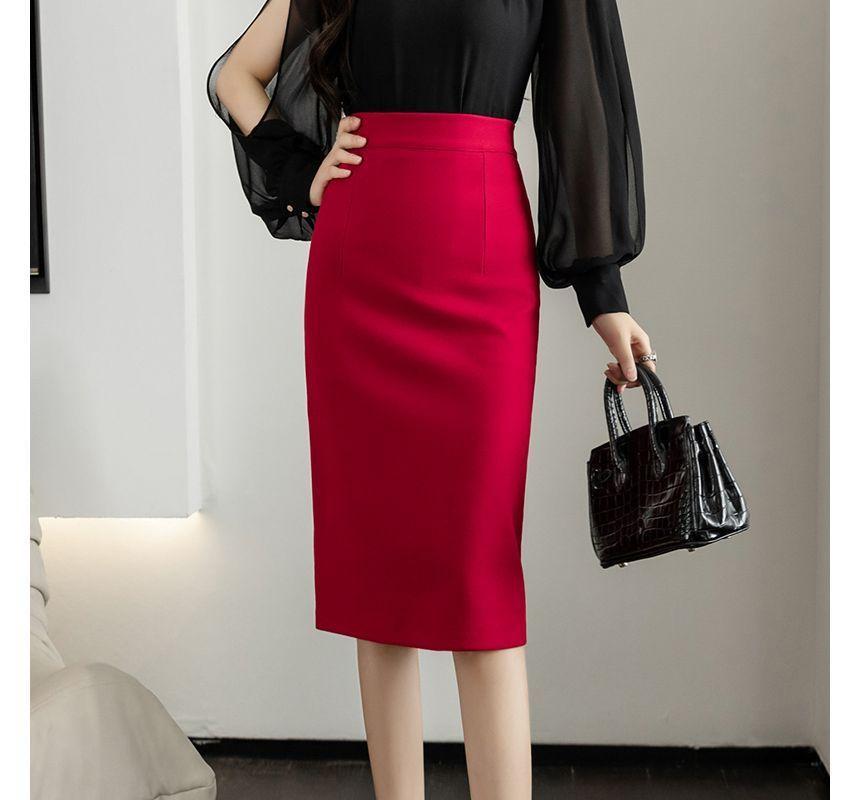 High Waist Plain Midi Pencil Skirt Product Image