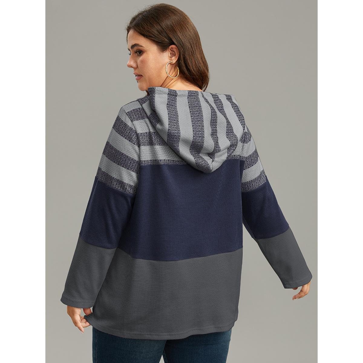 Plus Size Waffle Knit Striped Colorblock Hooded Sweatshirt Women Gray Casual Contrast Hooded Dailywear Sweatshirts BloomChic 28/5X Product Image