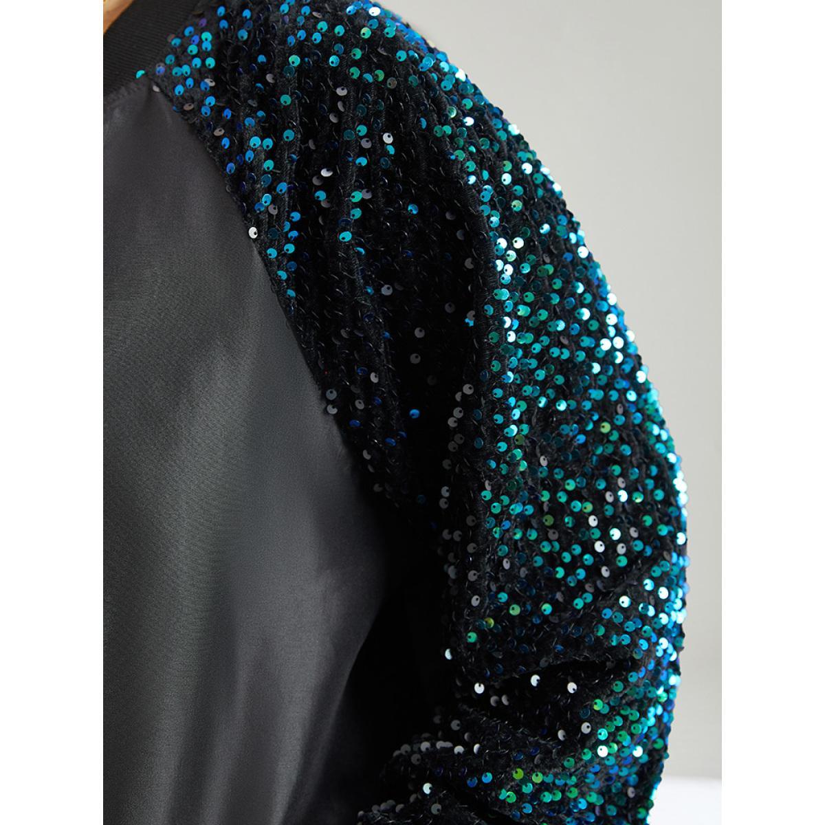 Plus Size Sequin Detail Patchwork Pocket Jacket Women Black Elastic cuffs Pocket Dailywear Jackets BloomChic 18-20/2X Product Image
