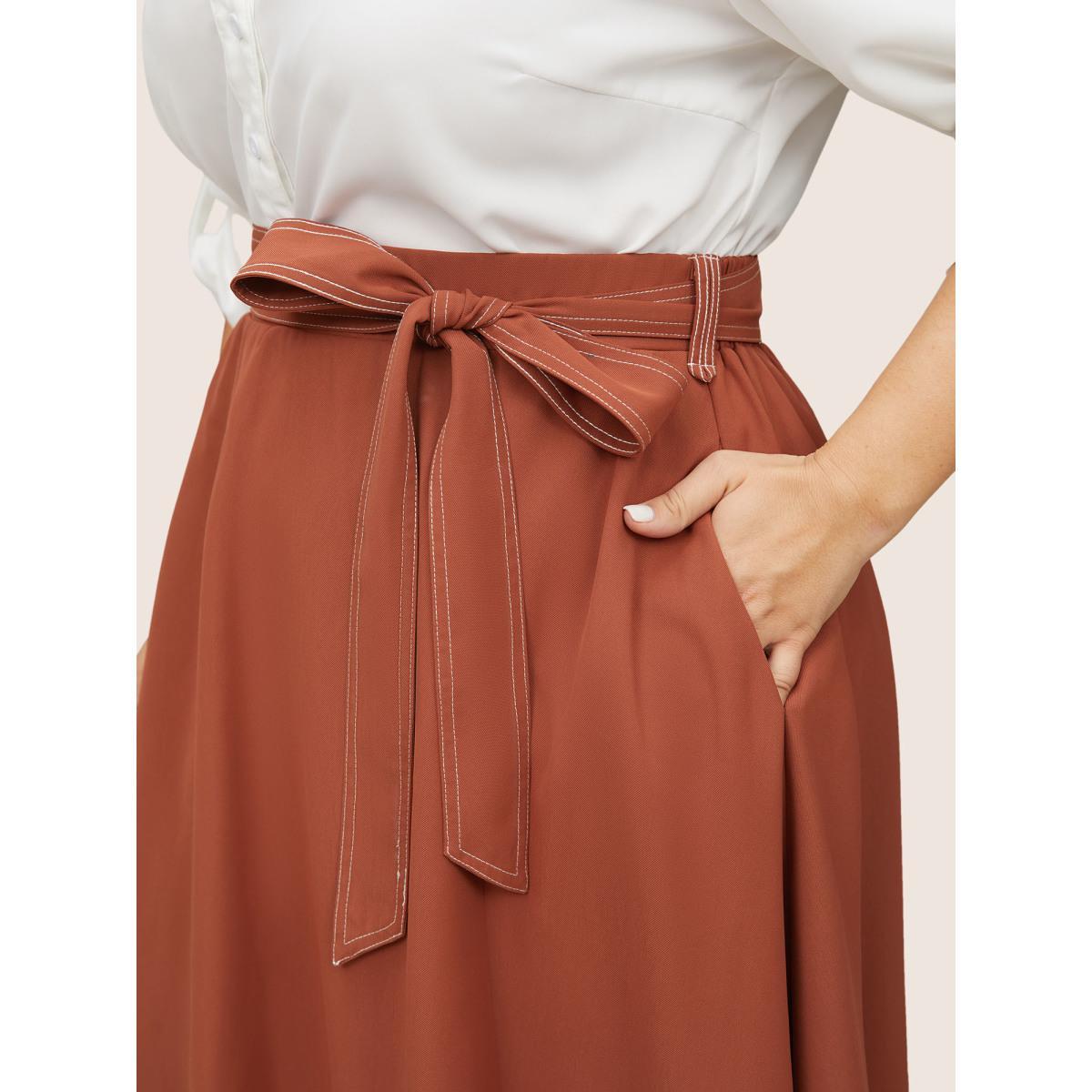 Plus Size Contrast Trim Bowknot Belted Asymmetrical Hem Skirt Women Maroon At the Office Non No stretch Slanted pocket Belt Work Skirts BloomChic 10/M Product Image